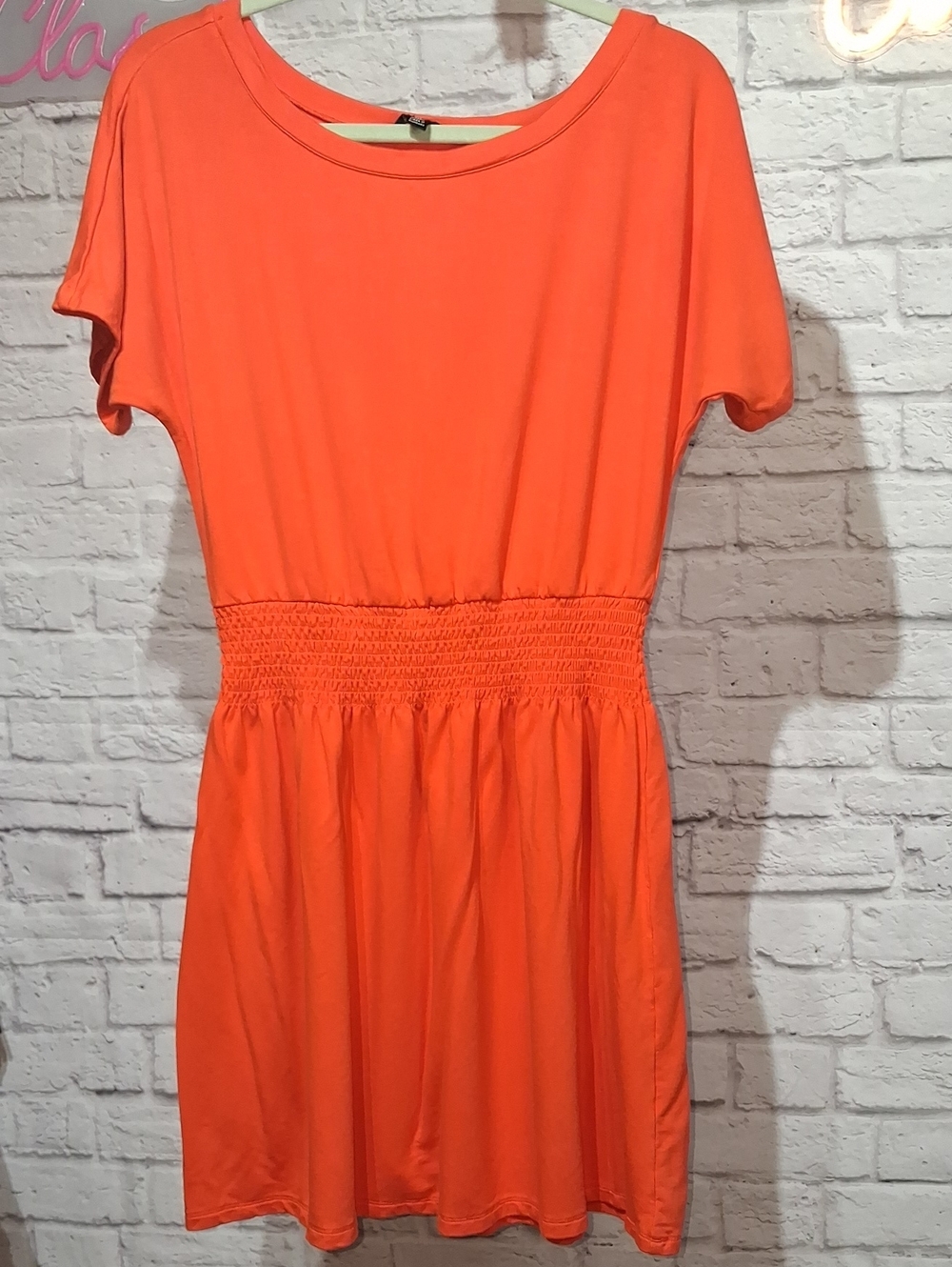 Versona Bright Orange Short Sleeve Midi Dress with Shirred Waist